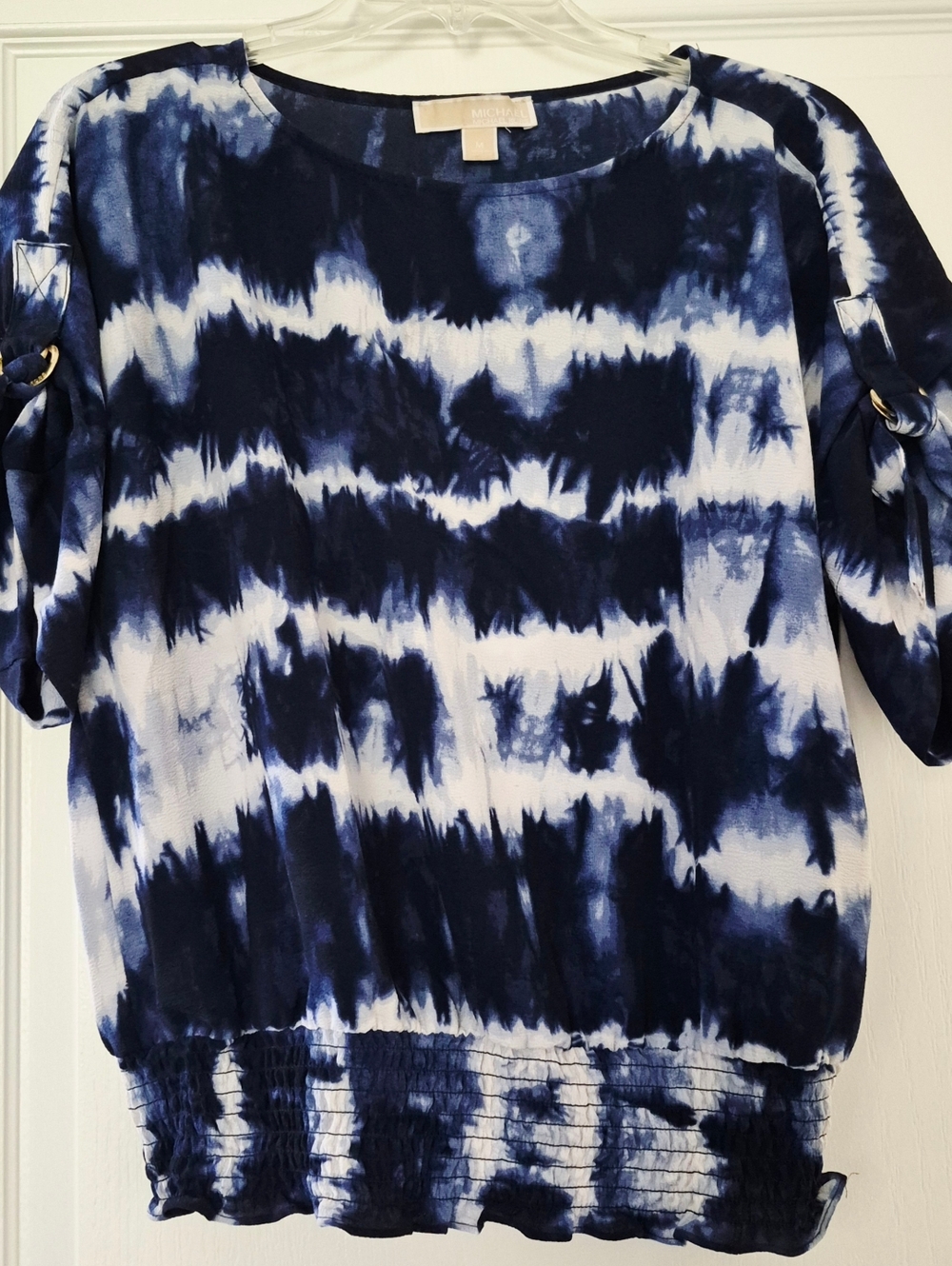 Michael Kors Navy and White Tie-Dye Short Sleeve Blouse